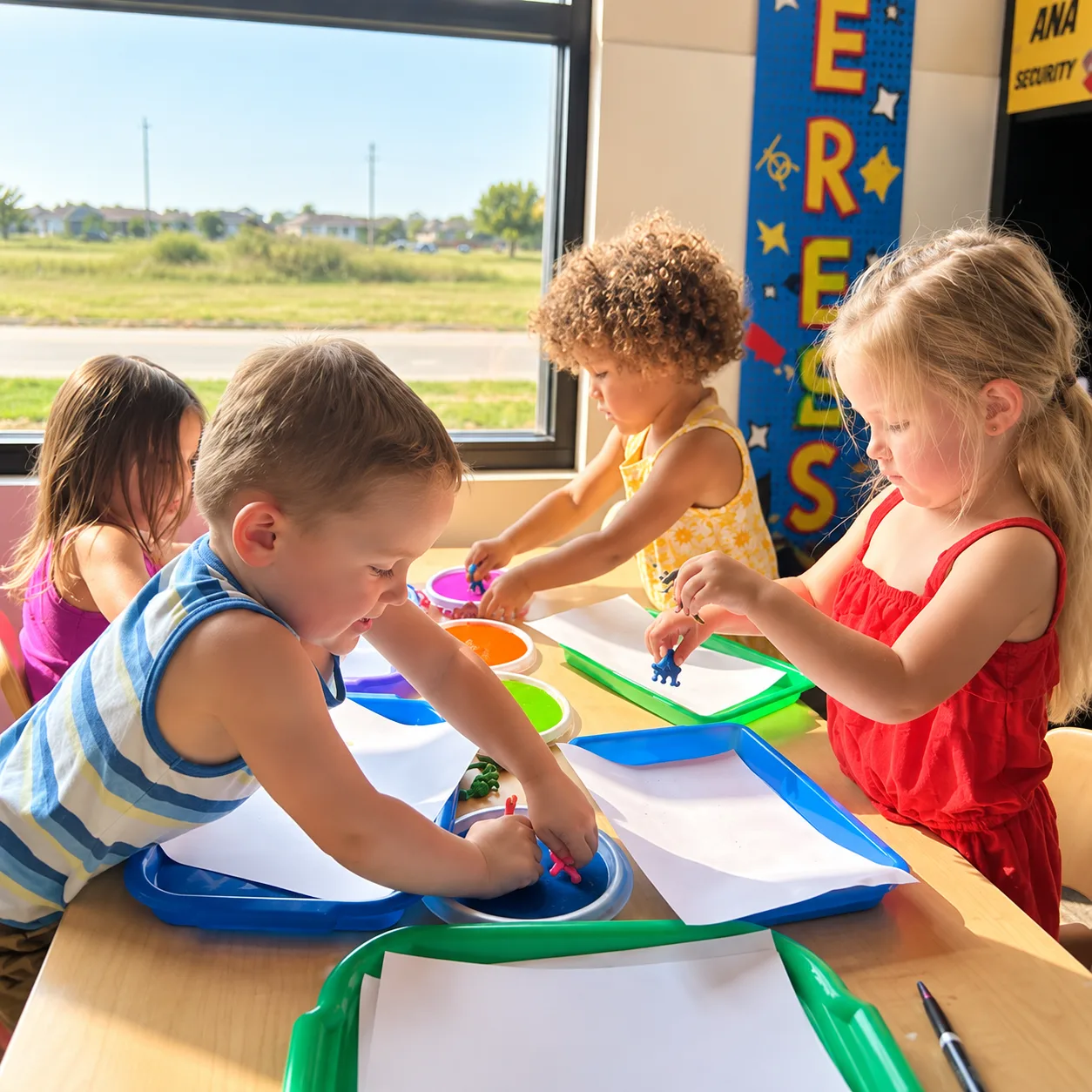 Preschoolers painting with stampers at a table by the window