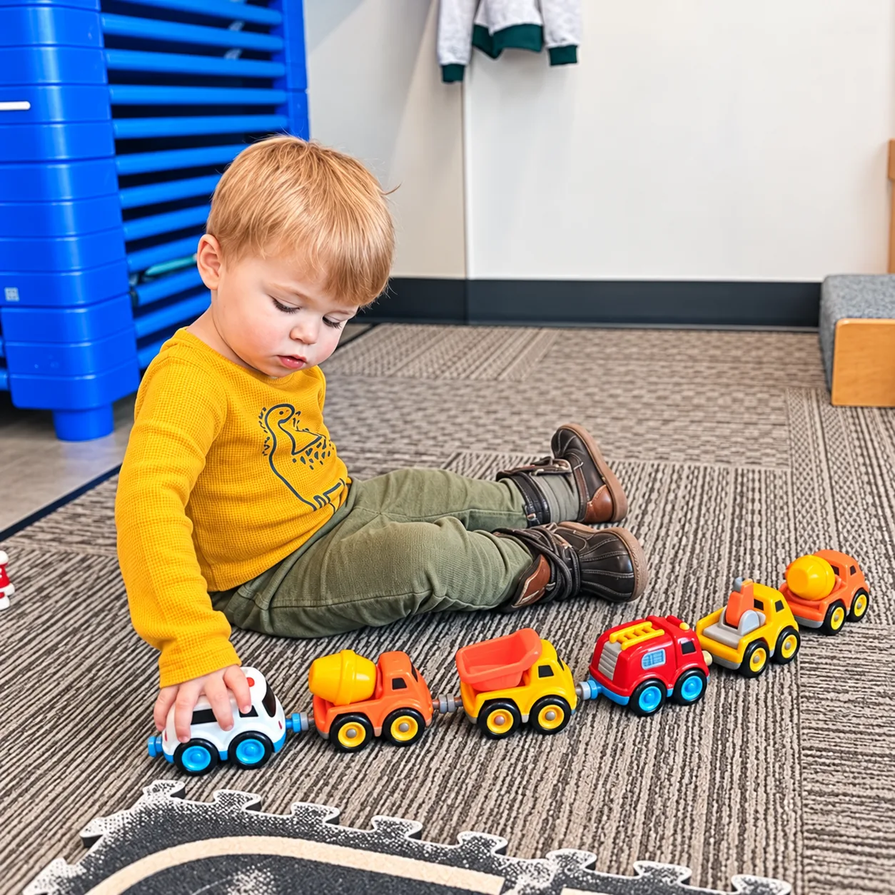 Toddler lining up toy trucks on the classroom rug