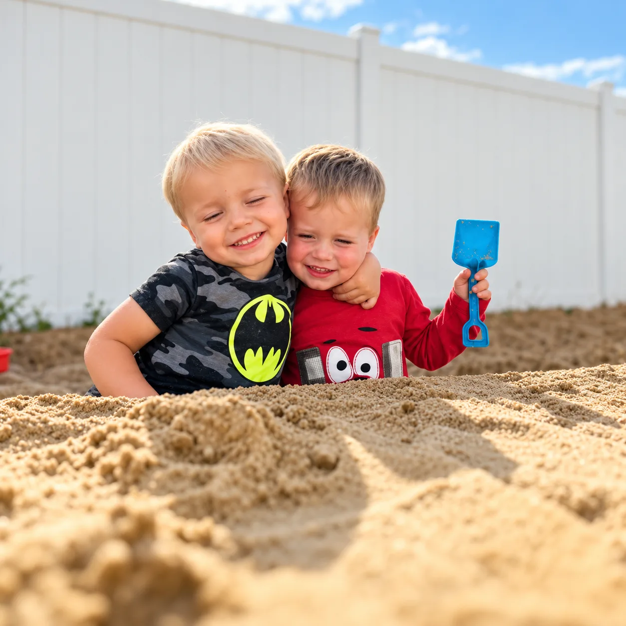 Two toddlers hugging in the sandbox